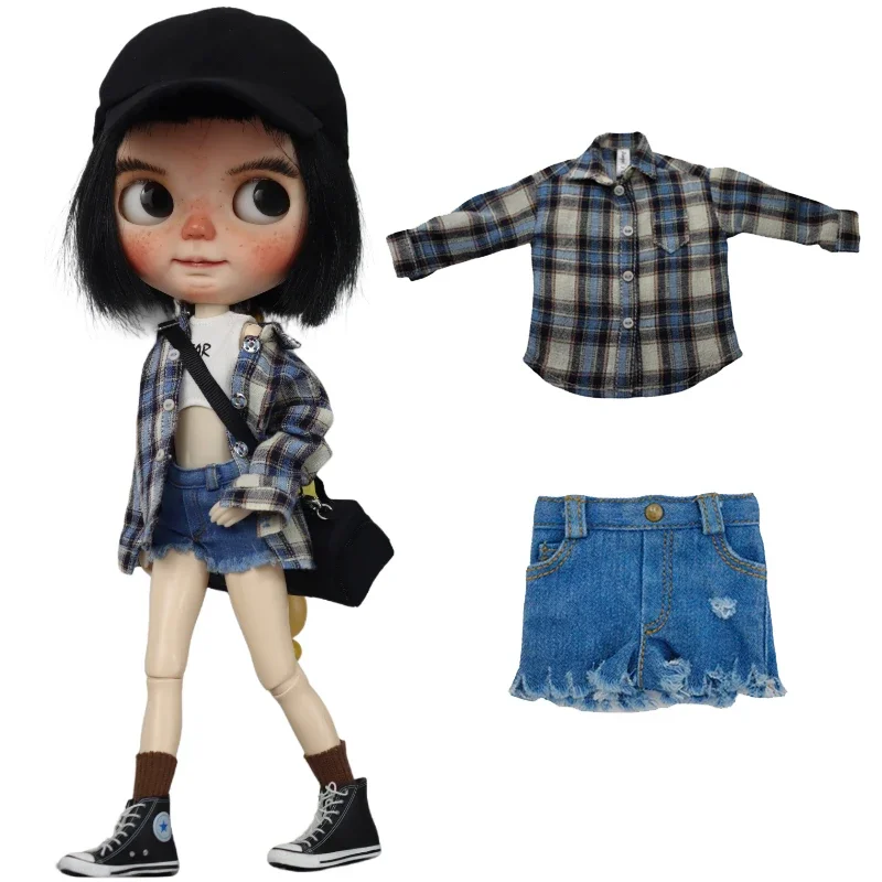 Blythe Doll Clothes Plaid Shirt Jeans Short Pants for Ob24 Ob22 Azone Doll Outfit Denim Pants