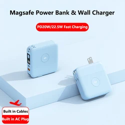 10000mAh Magsafe Power Bank Built in Cable Plug Wall Charger 22.5W Wireless Fast Charger for iPhone 15 iWatch Airpods Powerbank