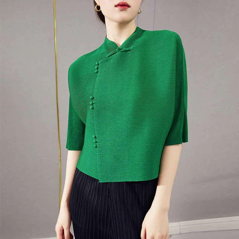 

Womens Cardigan Shirt T Shirts Open Front Mandarin Collar Button Up Blouse Frog Pleated Short Sleeve Cardigan