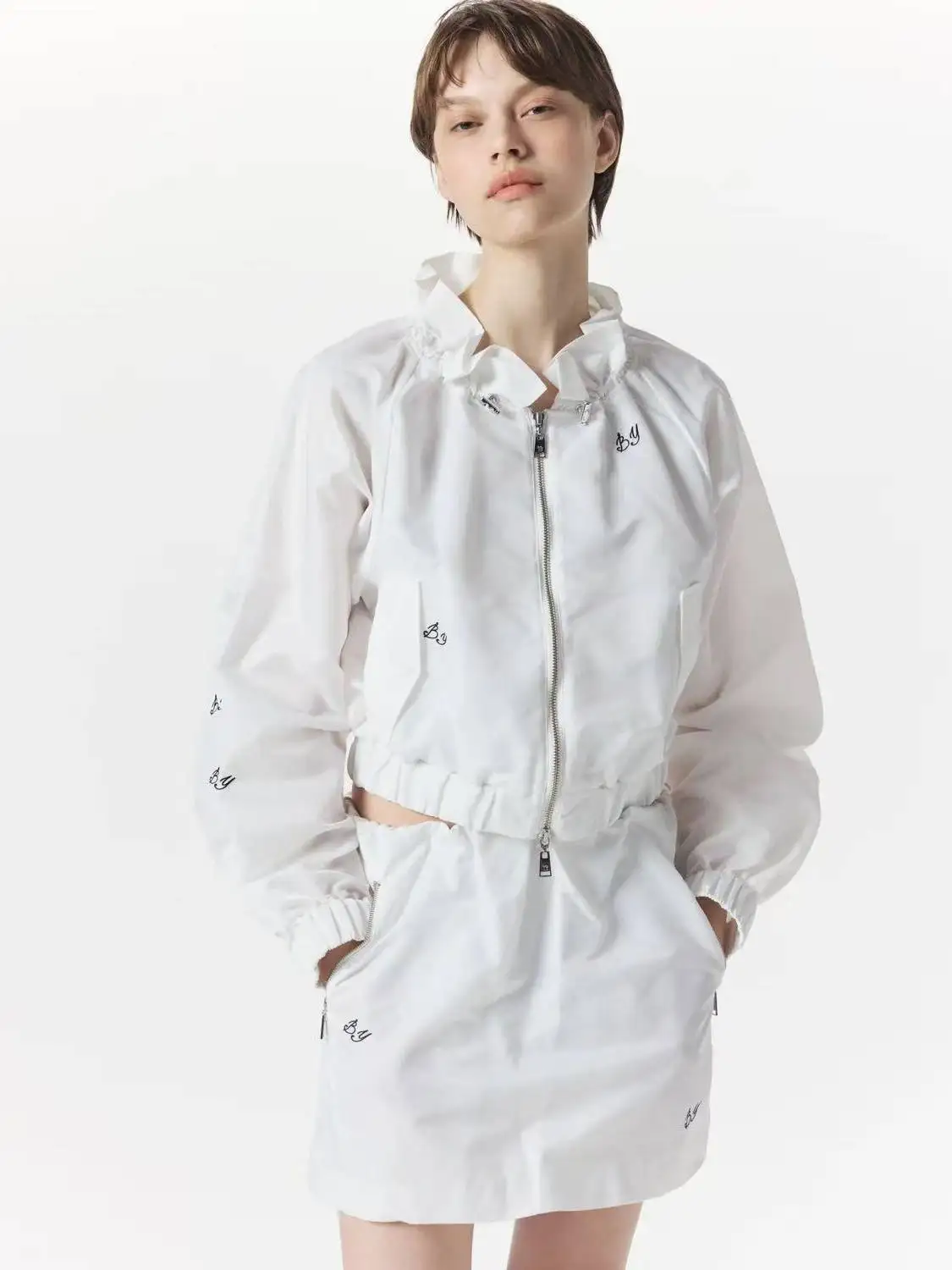 Stand-up Collar Women's Casual Coat Spring and Autumn Japanese Style Lace Slim Short Zipper Jacket Femme High-waisted Skirt