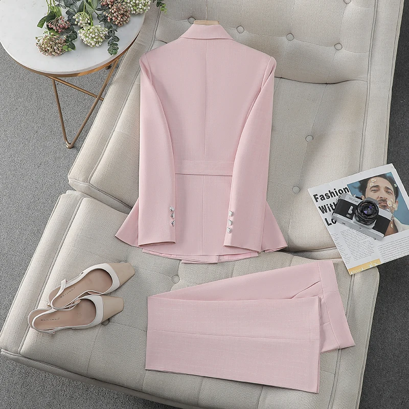 ZJYT Korean Fashion Belted Blazer Suits Pant Sets 2 Pieces Women Conjunto Para Mujeres Work Wear Trousers Sets Office Outfit