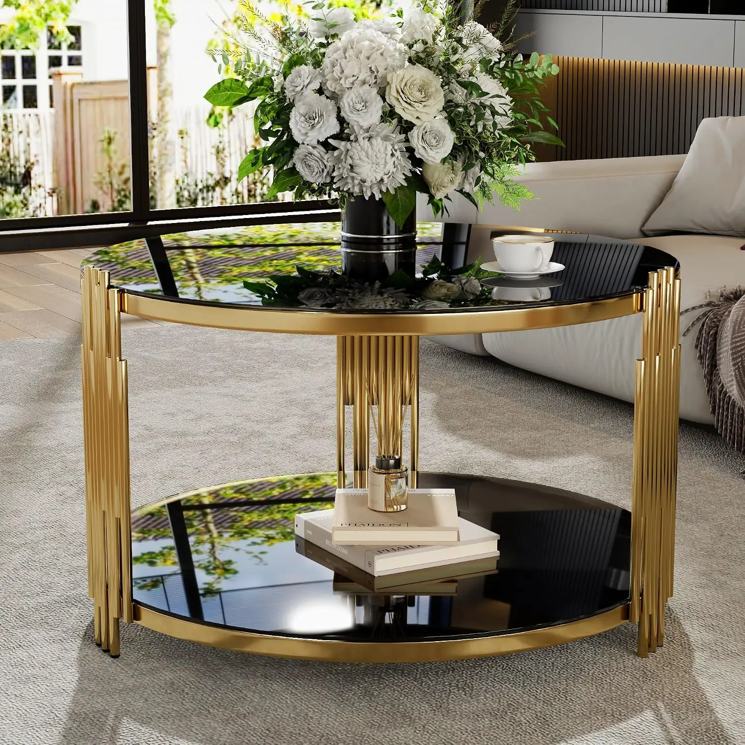 Modern Round Glass Coffee Table Luxury 2-Tier Storage Black Top Gold Frame 31.5