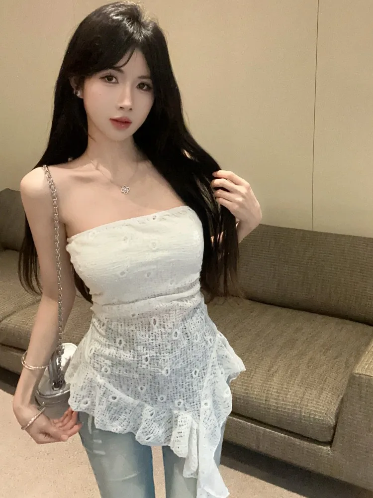 

Pure Desire Sexy Lace Trim Tube Top Vest Women Summer Outdoor Wear Asymmetrical Sash Slim Fit Sexy Sleeveless Shirt