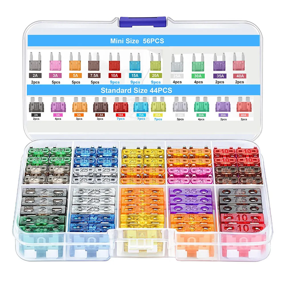 100 pieces of fuse combination kit 56 miniature chip fuses 44 standard fuses and 1 fuse puller 2Amp 3A 5A 7.5A 10A 20A 25A 30A