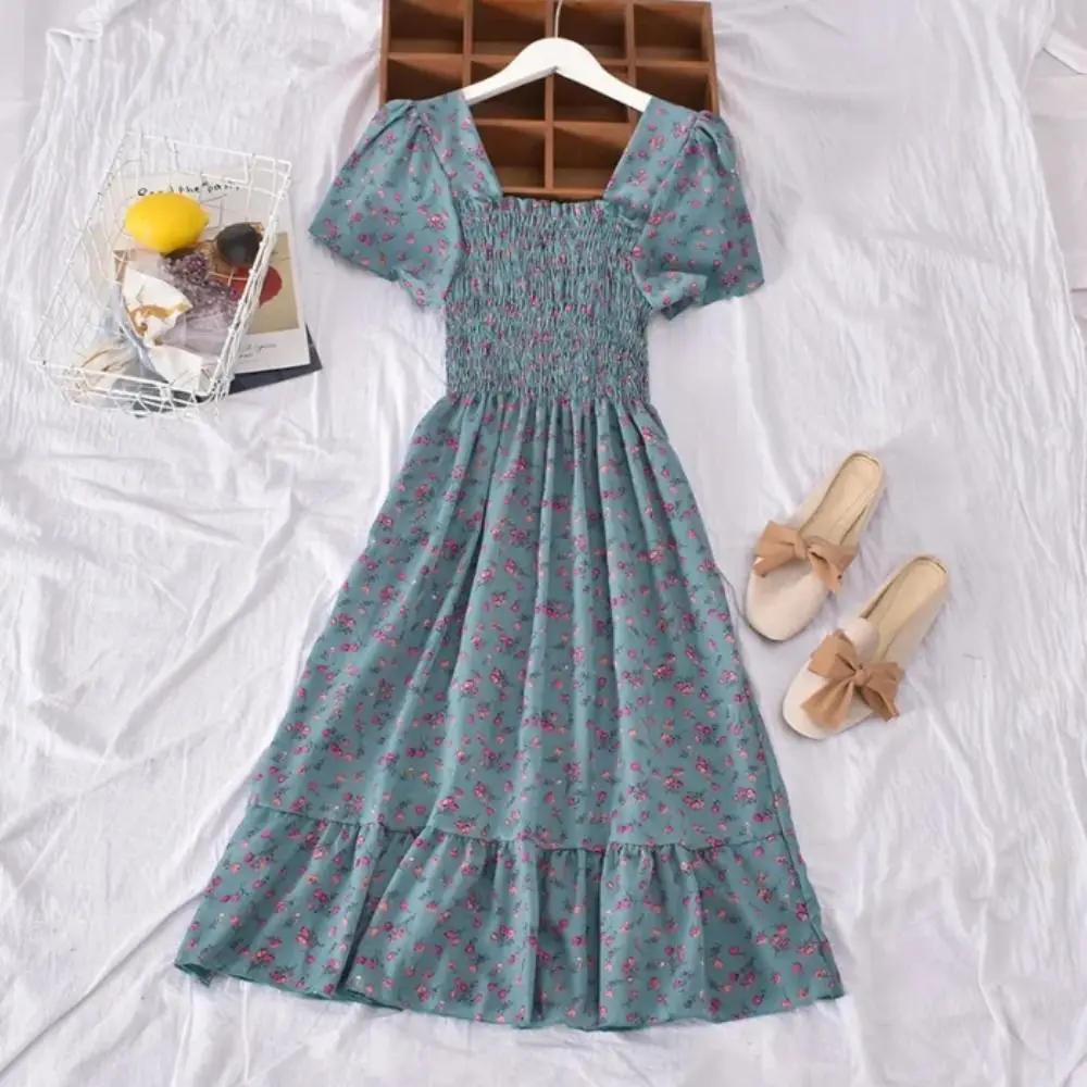 Korean Style Floral Print Floral Dress Women Square Neck Dress Short Sleeve Dress Elastic Flounce Dress for Women Summer