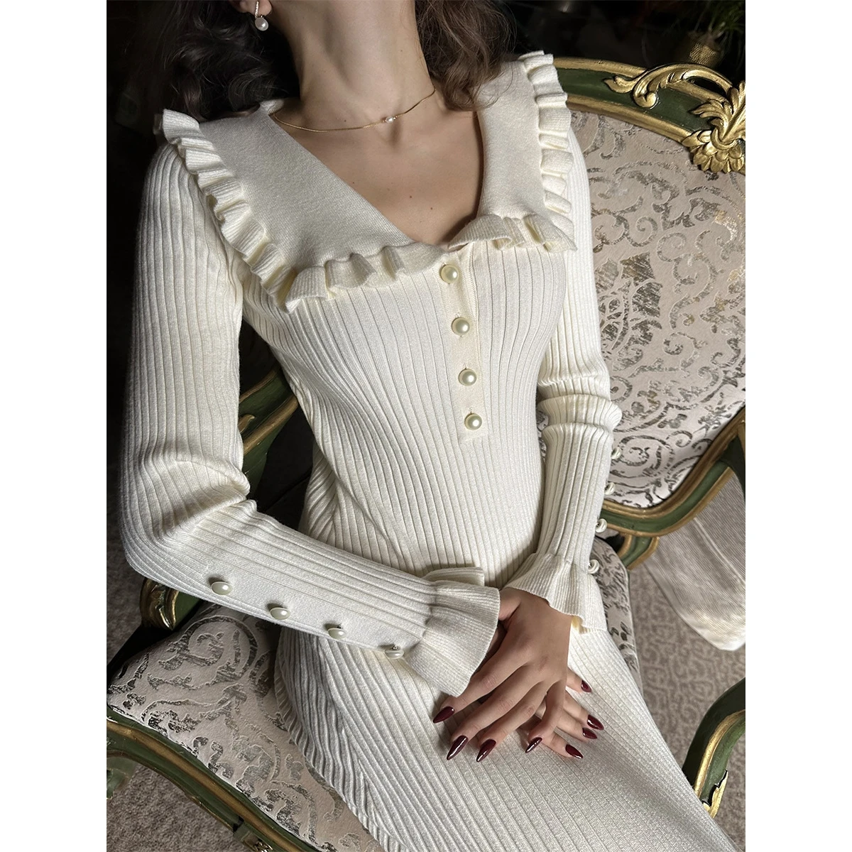 Retro Ladylike tejido Dr con ribete de encaje suéter falda transfronteriza Otoño Invierno nuevo Sle largo Sve One Step Dr