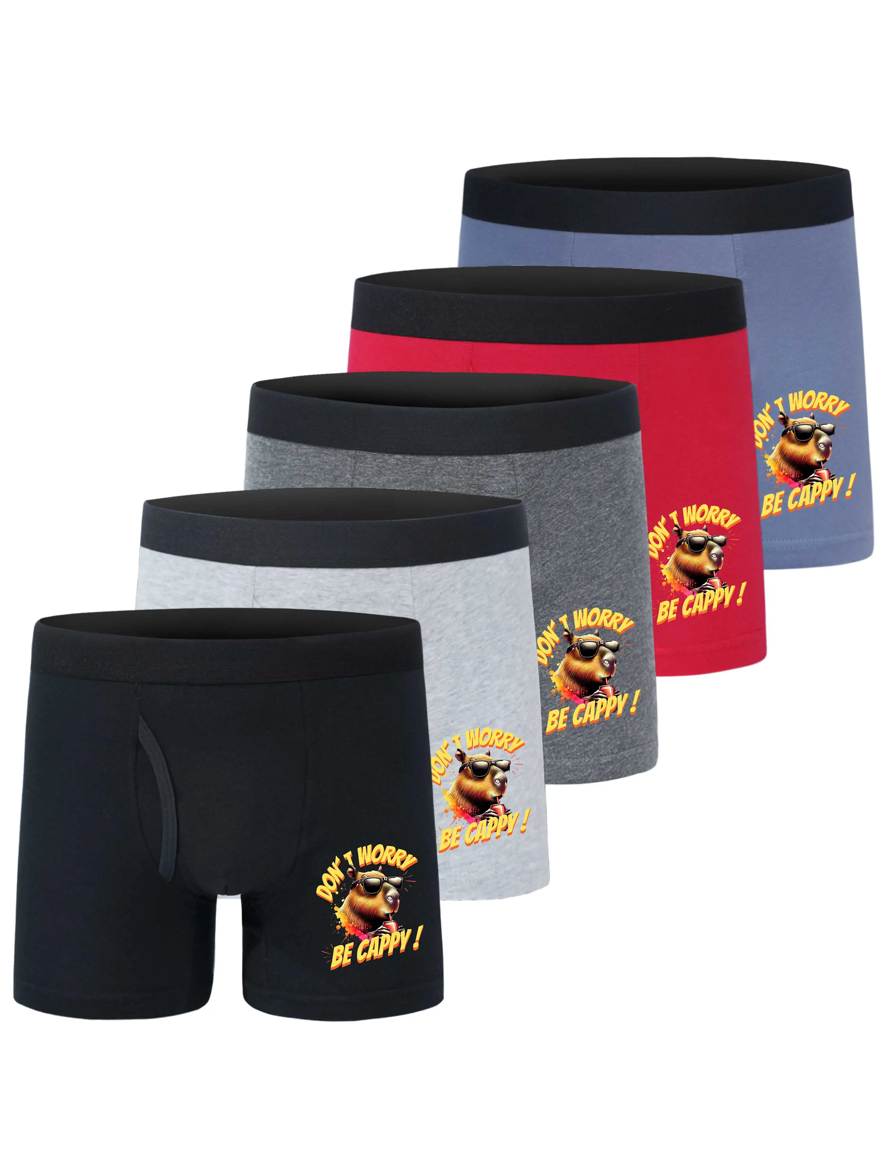 

5PCS Boys Children's Underwear Set Don't Worry Be Cappy Capybara Print Soft Breathable 95% Cotton 5% Elastane Boxer Briefs