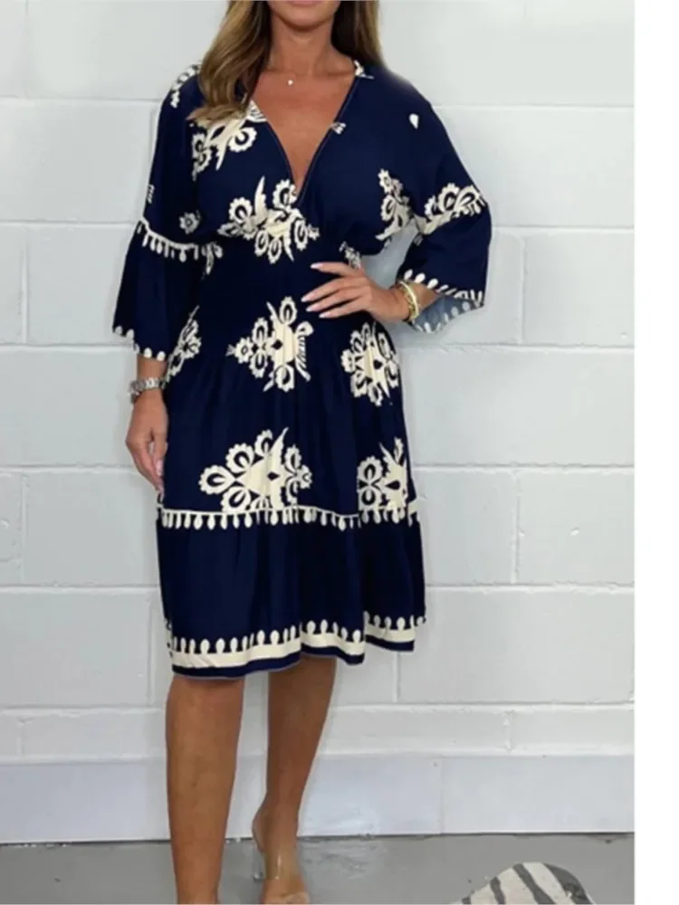 Summer Sexy V-neck Boho Dress Loose Half Sleeve Elastic High Waist A-line Midi Dresses for Women Fashion Beachdress Robe