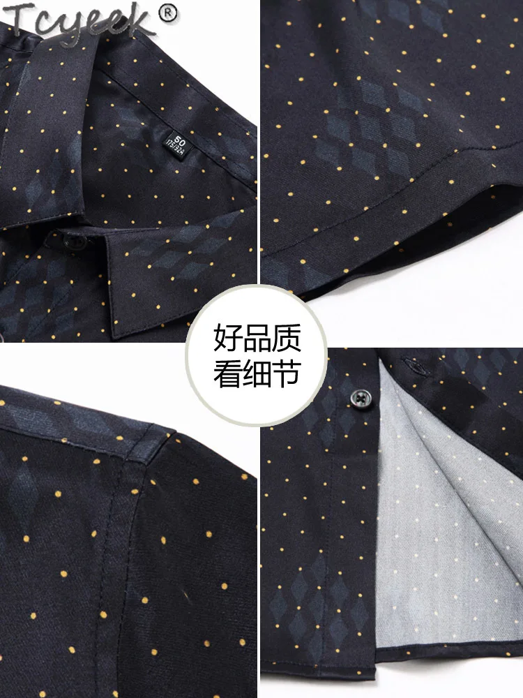 Tcyeek 90.8% Mulberry Silk High-end Shirt for Men Summer Clothes Thin Style Short Sleeve Top Business Casual Mens Shirts Dots