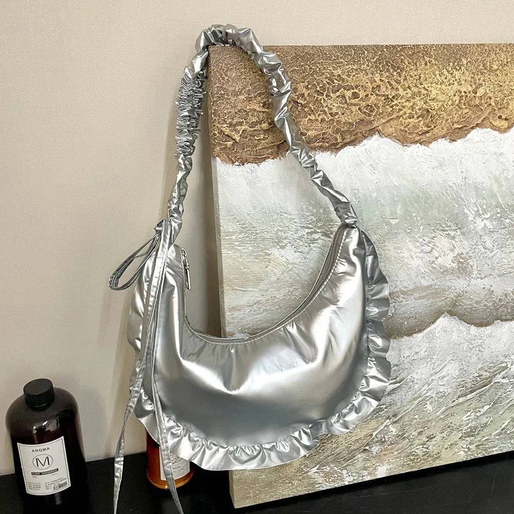 

Плиссированная кружевная женская сумка в форме полумесяца, складная нейлоновая сумка с облаками для женщин, сумка через плечо с завязками в горошек, кошельки