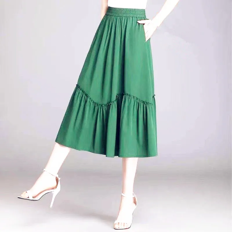 

New Women Summer Chiffon Midi Skirt Ruffles Vintage Big Large Plus Sizes Casual Elegant Party Fashion Loose Skirts