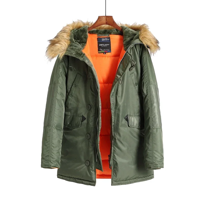 Mens Winter Long Parkas Jackets Mens Casual Thicken Warm Fur Collar Hooded Down Coats Outdoor Aviator Bomber Windproof Jacket