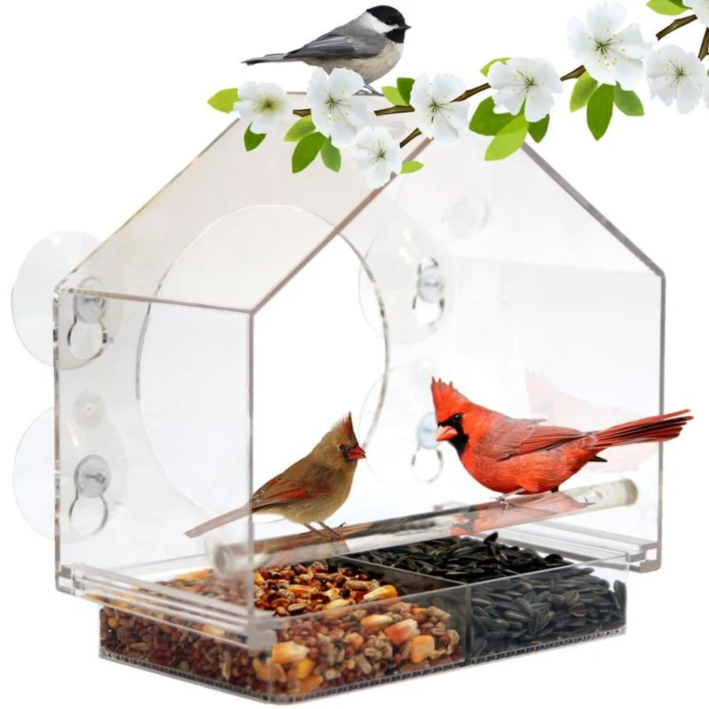 

Outdoors Hanging Large Bird Feeder &Suction Cups And Removable Tray, Outside Floating Acrylic Roof Feeding Kit With Drain Hole