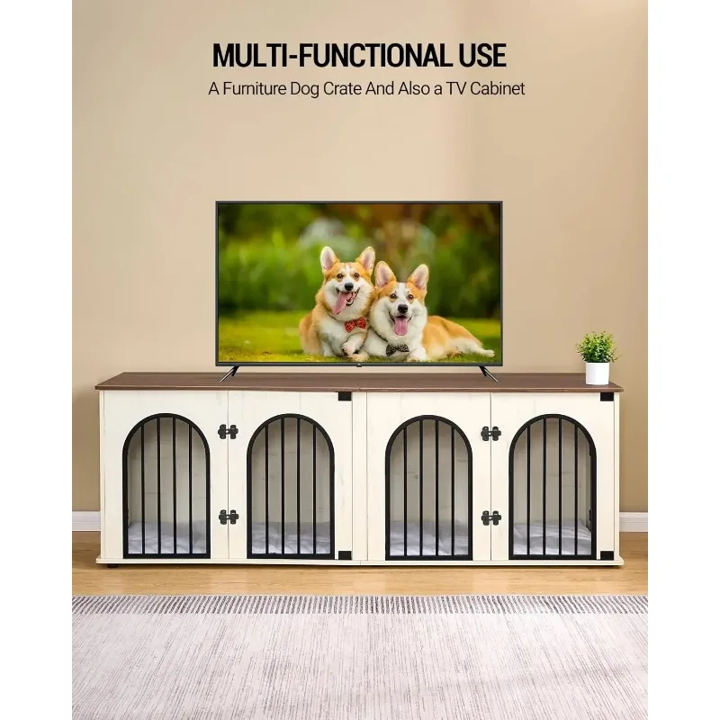 Dog Crate Furniture, 71" Heavy y Dog Kennels with Divider, Pads, Side Table, TV Cabinet,Anti-Chew Anti-Escape, White Brown