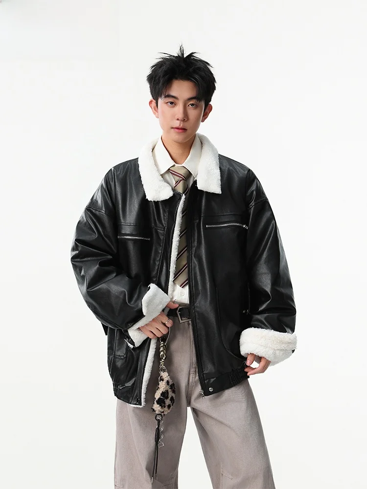 

Wassup Happy Heavyweight Lamb Fur Collar Jaet Thiened PU Leather Cotton Coat Men's Faion Brand Winter Outerwear