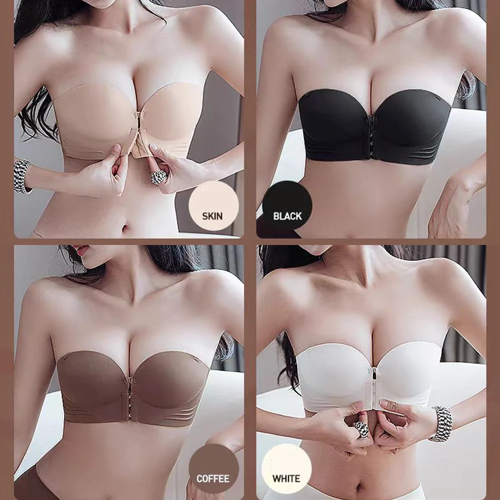 Sutiã sem alças sexy sem costura para mulheres, sutiã invisível, sutiãs antiderrapantes, fivela frontal, peito pequeno, push up, lingerie feminina sem fio, roupa íntima