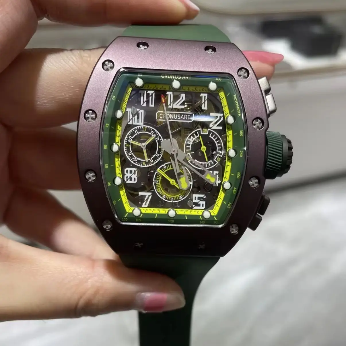 

CRONUSART Men Chronograph Watch Tonneau Automatic Mechanical Wristwatch Skeleton Dial Luminous Sapphire Mirror FKM Strap