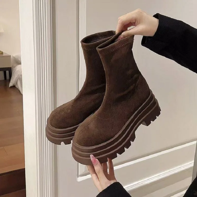 

Thick Soled Short Boots for Women, New Autumn and Winter Retro Height Increasing Short Boots, Fashionable Suede Elastic Boots