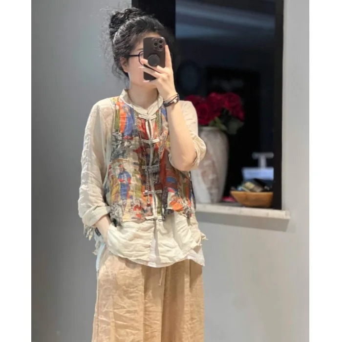 

Retro Artistic Print irt Fake Two-Piece Set Flax Long Sve Button-Up Loose Fit Regular Length Spring 2025 Ladies' irt