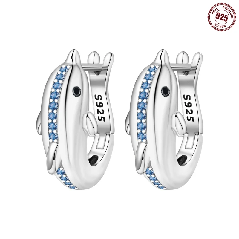 

2025 925 Sterling Silver Sparkling Cubic Zircon Blue dolphin Double Hoop Earrings For Women Wedding Engagement Jewelry Gifts
