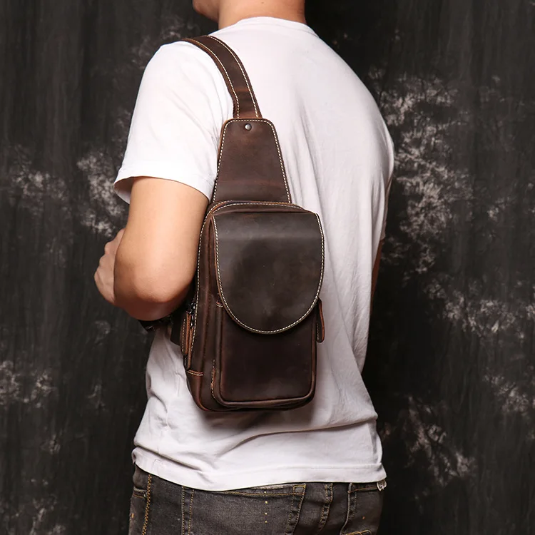 New Crazy Horse Leather Chest Bag - Men's Vintage Cowhide Crossbody Sling, Lightweight Breathable Shoulder Pack
