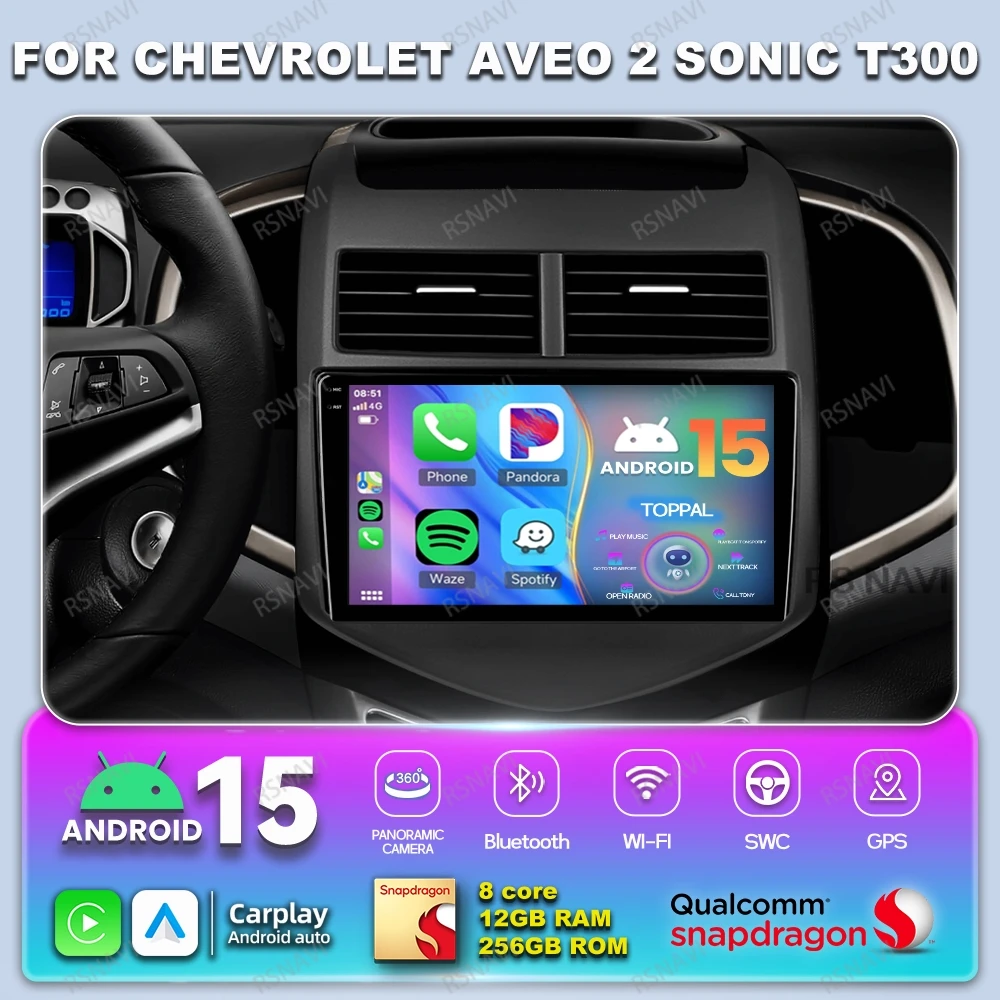 

Автомобильное радио Android 15 для Chevrolet Aveo 2 Sonic T300 4G LTE GPS Стерео Viedo Плеер Qualcomm Беспроводной Carplay Auto BT Авторадио