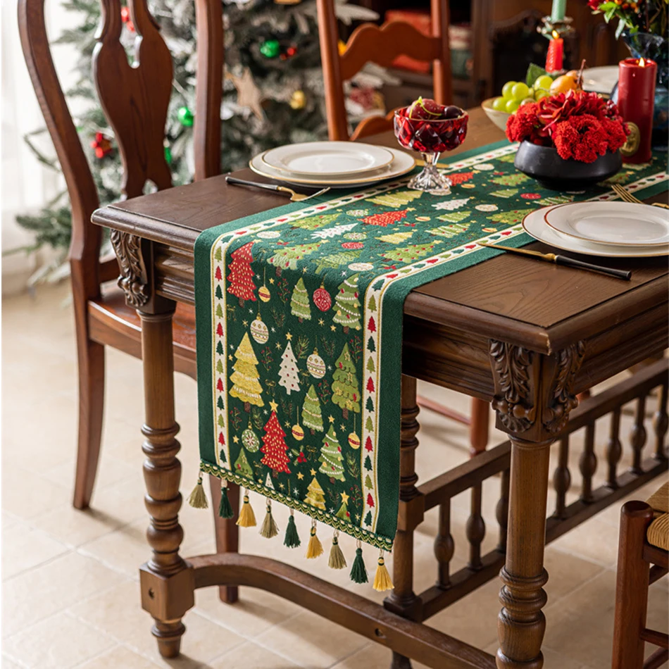 

Christmas Green Pine Chenille Tassel Table Runner Cotton Linen Thicken Fabric Table Decoration,Dining Room Party Festival Decor