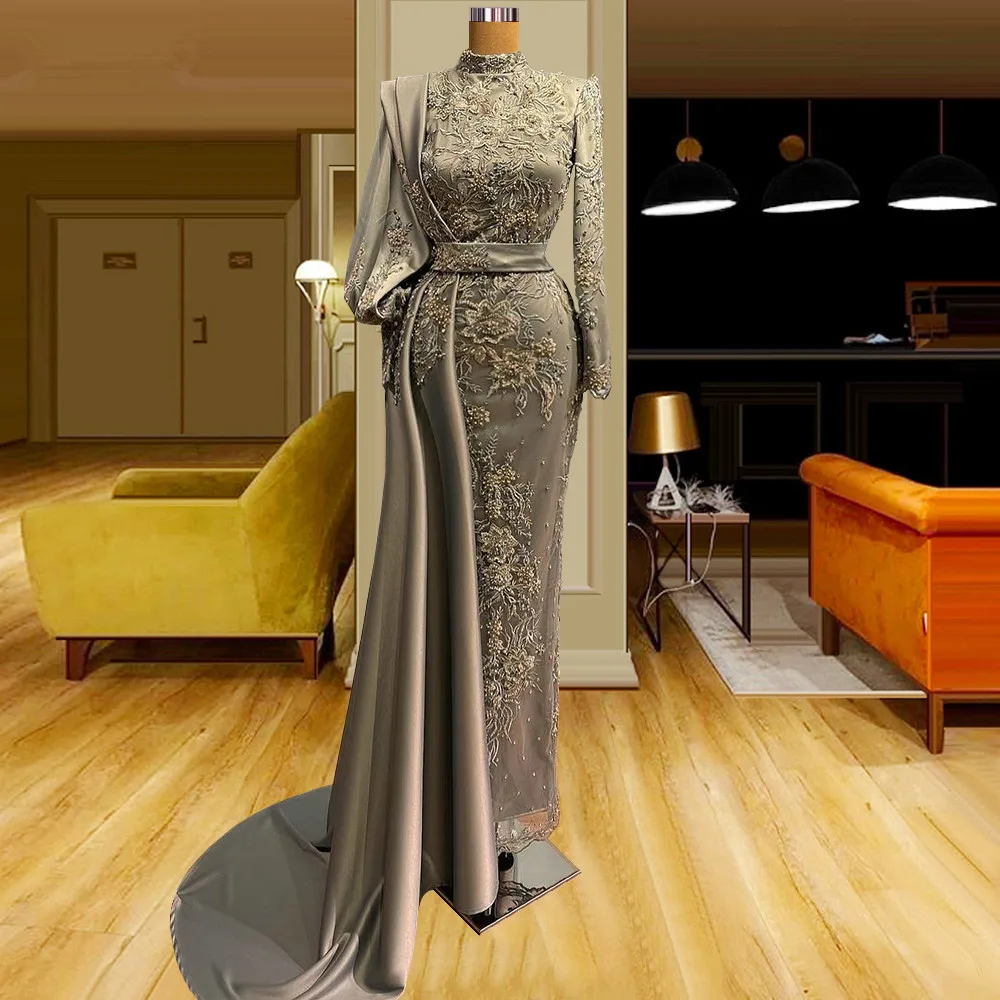 Gray Prom Dresses Mermaid Long Sleeves Appliques Pearls Long Dubai Saudi Arabia Prom Gown Evening Robe De Soiree Customized