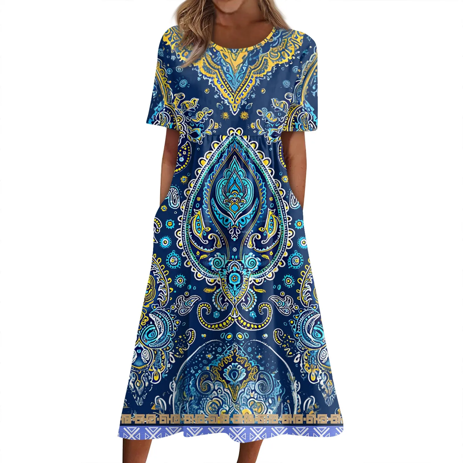 Boho Blumen druck Frauen Kleid Sommer lässig Rundhals ausschnitt Kurzarm eine Linie lange Kleider weibliche Strand urlaub Sommerkleid