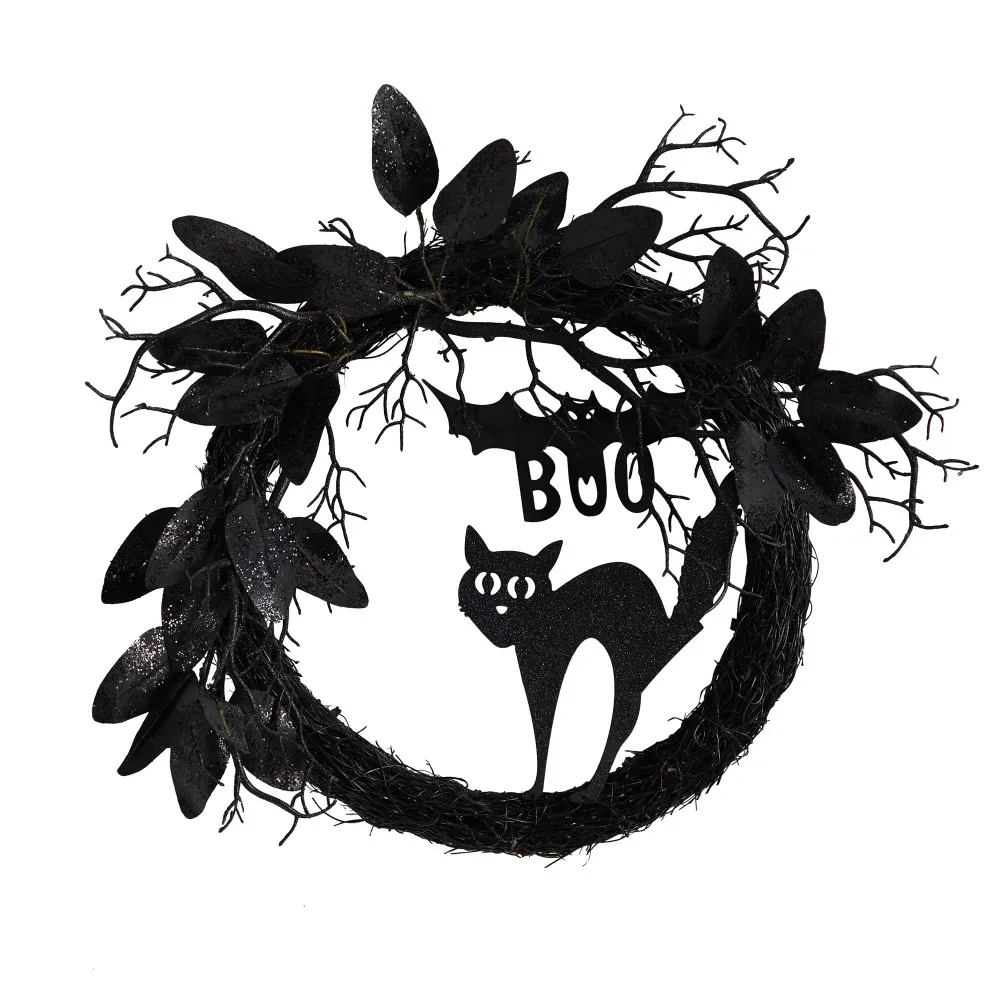 

Halloween Decoration Free Shipping Christmas Decoration Liquidations 22-Inch Halloween Black Cat and Bat Boo Twig Wreath Table