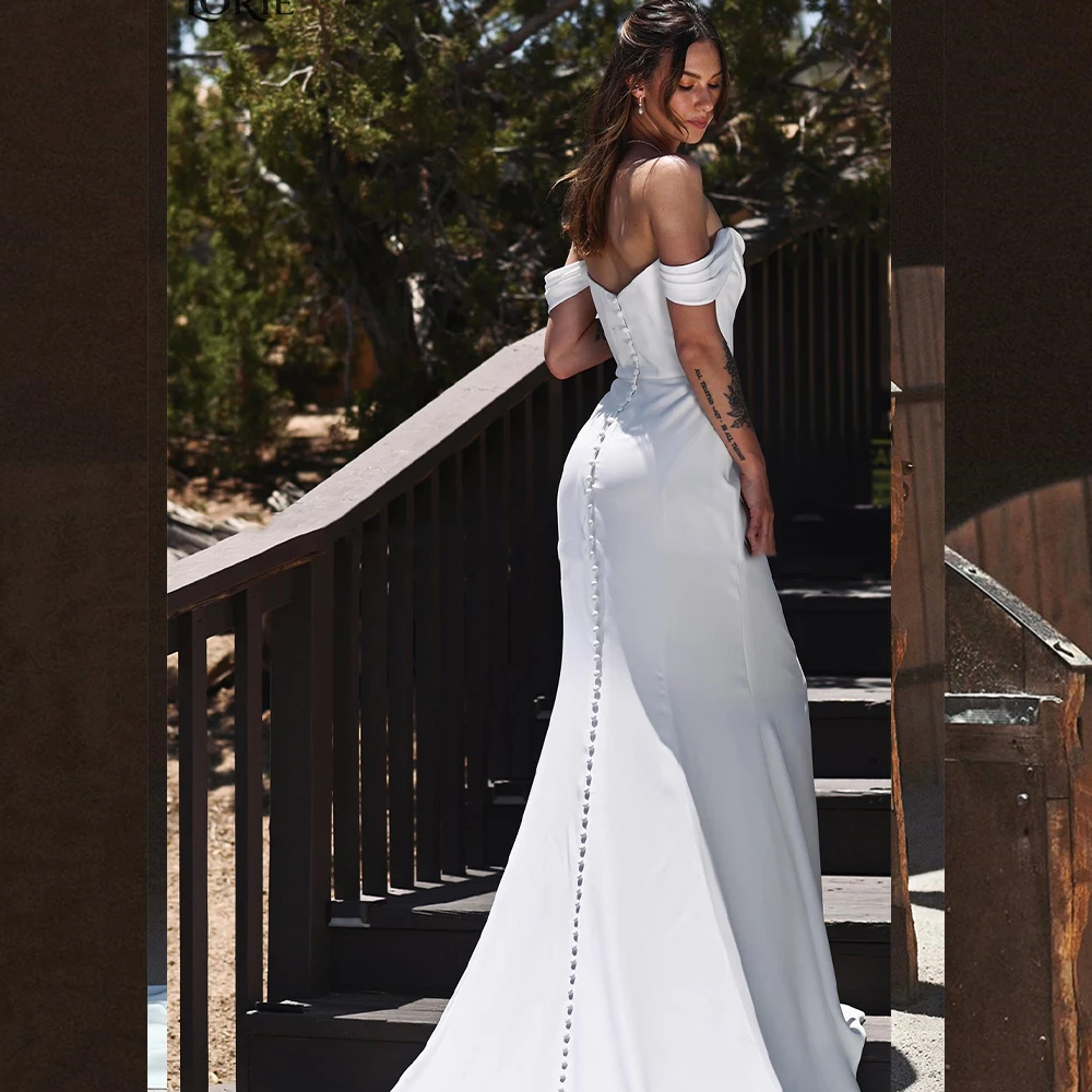 Abiti da sposa a sirena con spalle scoperte Colletto quadrato increspato Abiti da sposa Bottoni senza schienale Elastico Personalizza su misure Robe De