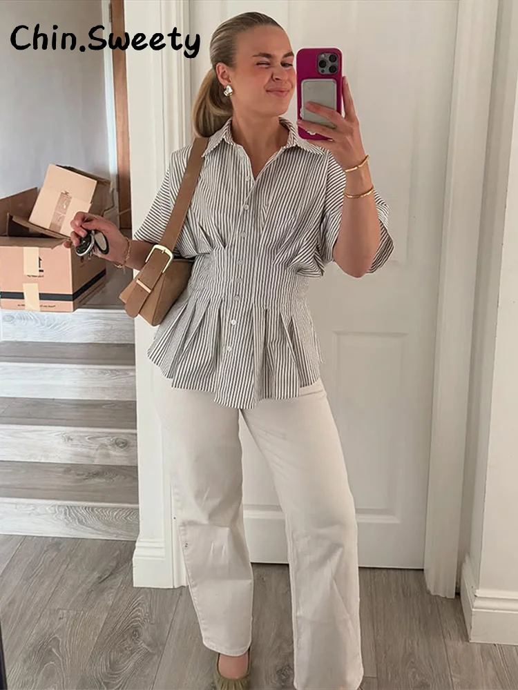 

Casual Striped Slim Waist Pleated Shirts Women Lapel Half Sleeve Single Breasted All-match Tops 2025 Summer Lady Chic Shirt New