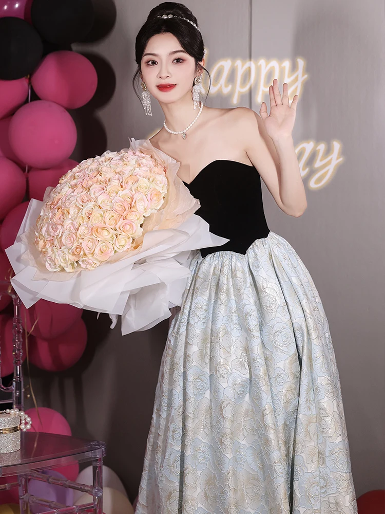 

Ele Bla Off-oulder Gown Women's New 2025 High-End Sensation Lightweight Luxury Host Dr Korean Sle Floral Mid-Wai...