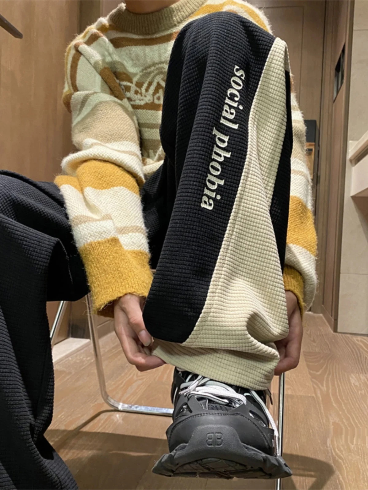 

Loose Straight Leg Men's Casual Pants Corn ain Herringbone Pattern Autumn Faion Brand Color Blo Contrast Casual Long Tr...