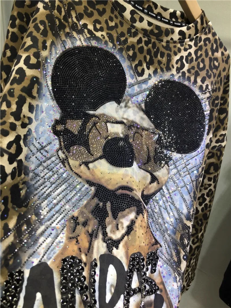 Mulheres Diamante brocas moletons dos desenhos animados, Hoodies de mangas compridas, estampa de leopardo, solto, médio, fino, Tees extragrandes,