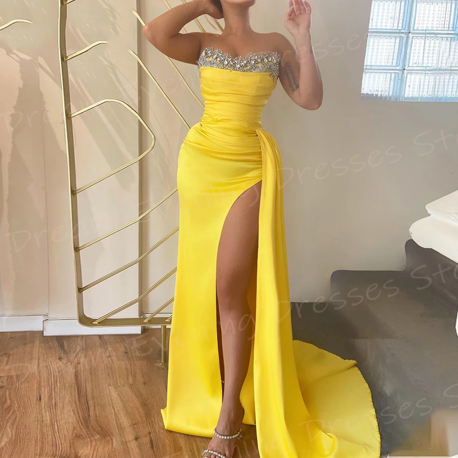 Elegant Yellow Mermaid Simple Women's Evening Dresses Popular Strapless Beaded Prom Gowns Sexy High Side Split Vestido De Noche