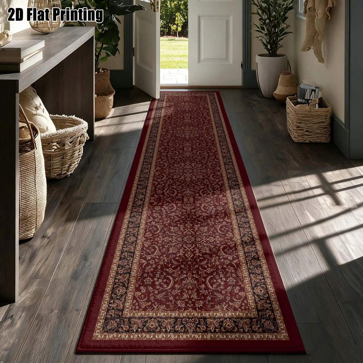 1Pc 2D Printed Long Strip Rug Burgundy Floral, European-Style, Retro, Geometric Striped, Bohemian Styles. Home Decor, Multi-Size, Machine Washable. For Entrance, Hallway, Living Room, Bedroom.