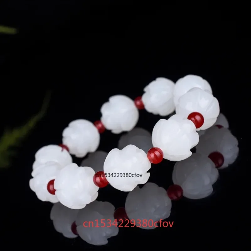 Natural White Jade 18mm Lotus Beads Bracelet Adjustable Bangle Charm Jewellery Fashion Accessories Hand-Carved Man Luck Amulet