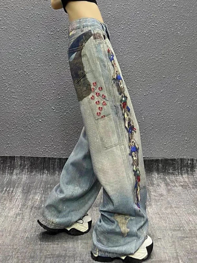 Pantalon ample à jambes droites, suspendu, design imprimé à la mode, couleur contrastée, style américain, jeans de rue, nouvelle collection été 2025