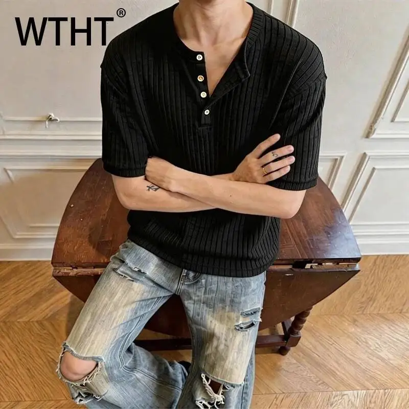 WTHT Fashion Men's Button Texture Solid Color Do Old T-shirts Trendy Round Collar Casual Tops Male 2026 Summer 2A3179