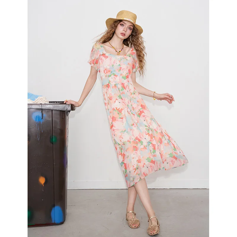 ELFSACK Zoete zachte bloemen grafische chiffon midi-jurk met fladdermouwen voor dames