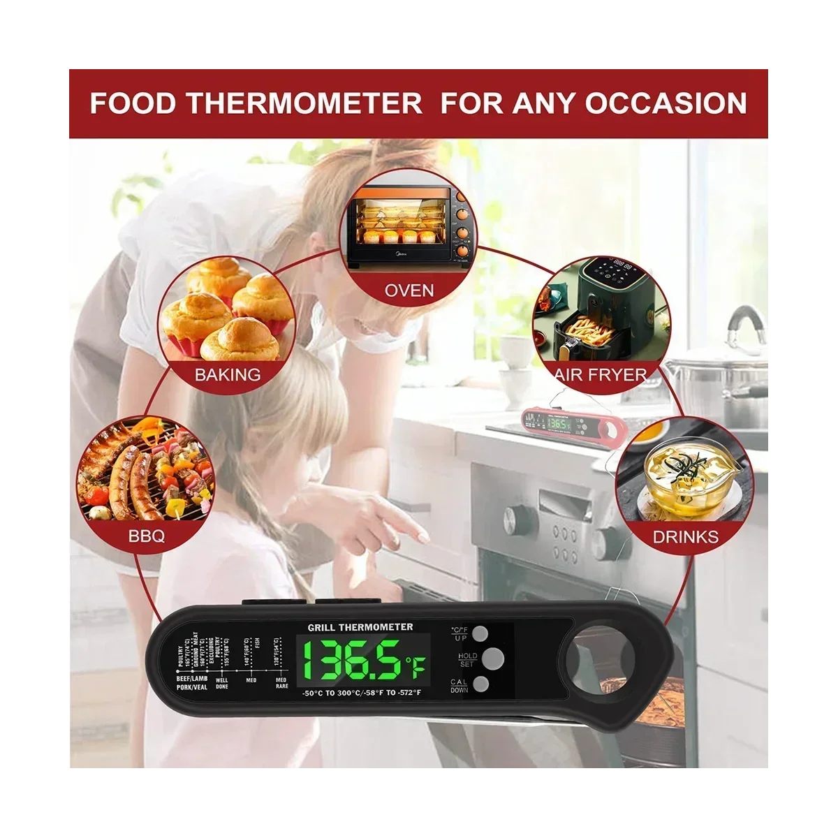 

Digital Instant Thermometer, 1 In 2 Probe,calibration, Thermometer Function Read Food Detachable With Wired Meat Alarm 3