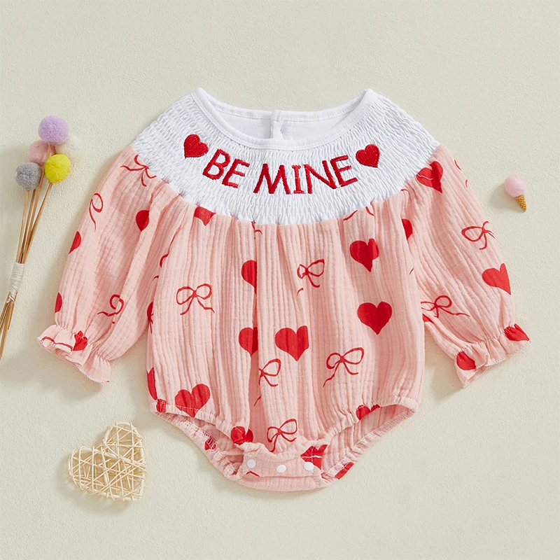 Tregren Valentine's Day Baby Romper Infant Girls Bow Heart Print Round Neck Long Sleeve Smocked Bubble Jumpsuit Newborn Clothes