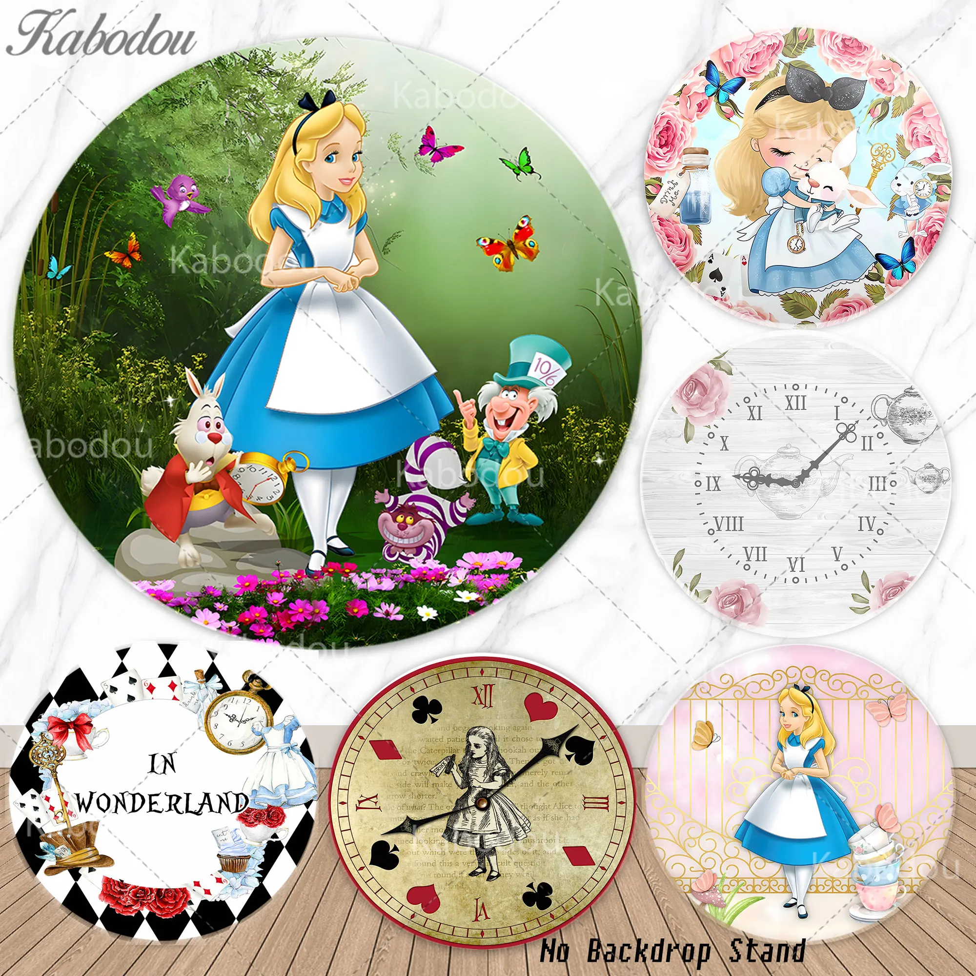 

Alice in Wonderland Round Backdrop Teapot White Rabbit Circle Cover For Child Girls Birthday Party Baby Shower Background Props