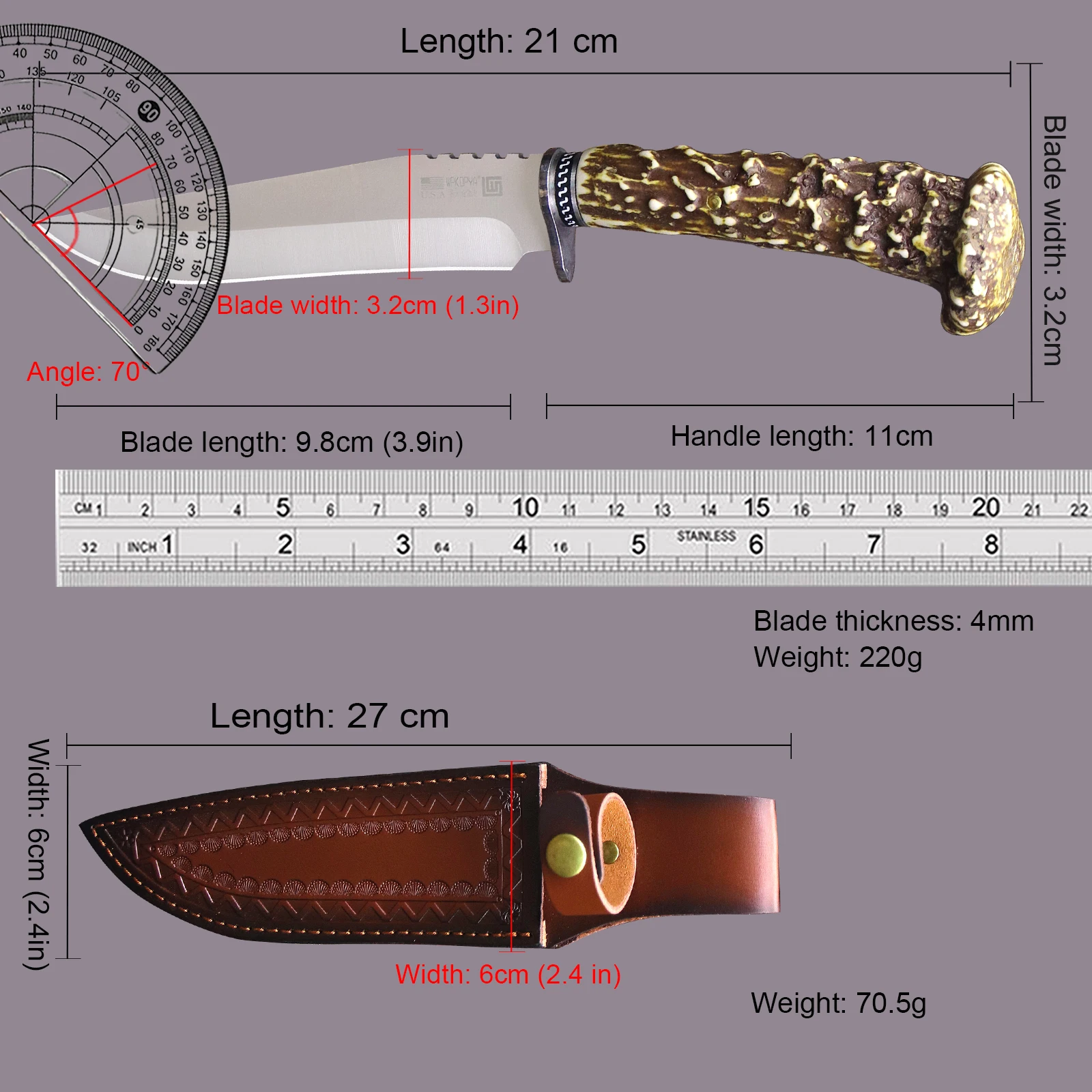 WPKOPYA USA 440 Steel Hunting Knife+Sheath, (ABS Deer Horn Imitation) Jungle Survival Knife, Multipurpose Camping EDC Knife