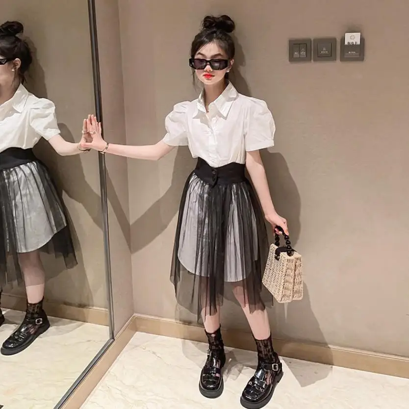 Girl Short Sleeve Shirts + Mesh Skirts 2pcs Sets Children Summer New Fashion Top Suits Teenage Clothes Sets 6-16Y Wz1180