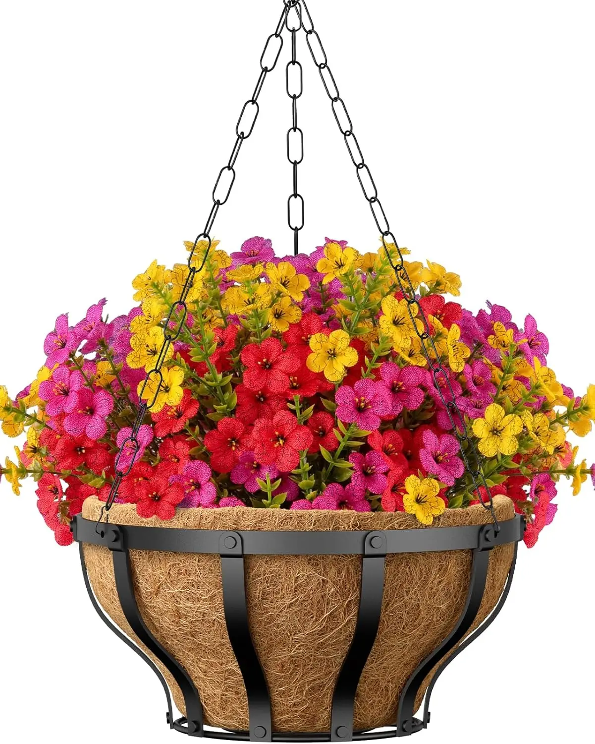 

Artificial Hanging Flowers with Hanging Baskets for Outdoors, 12 Inch Metal Hanging Planter with 12 Bundles UV Resistant