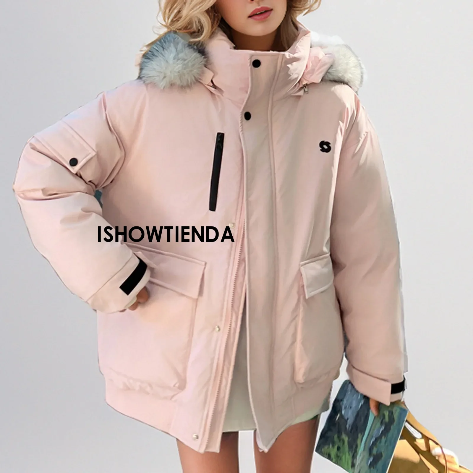 Women Winter Fur Collar Hooded Coat Parka Fashion Coat Zipper Pockets Design Long Jacket Elegant Slim Warm Thick Female Coats