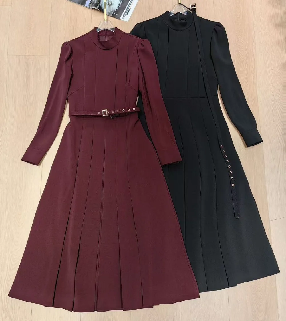

XXL Long Dress 2025 Autumn Winter Fashion Women Stand Neck Belt Deco Long Sleeve Wine Red Black Long Maxi Pleated Dress Evening