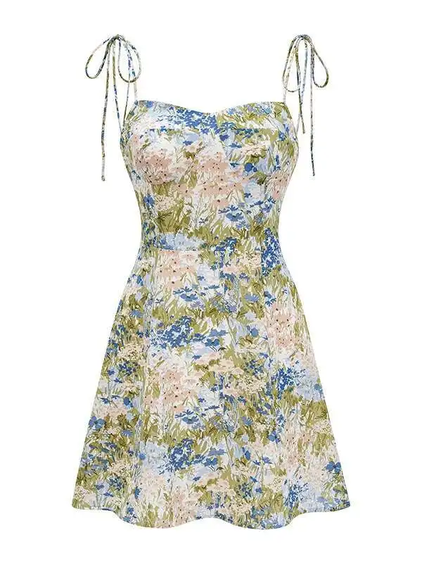 صيف جديد 2024 النمط الأوروبي الأمريكي سليم الدانتيل يصل منخفضة الرقبة عارية الذراعين فستان بكتافة المرأة عالية الخصر التفاف الورك فستان قصير YKT3